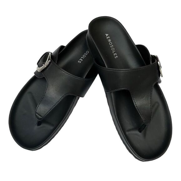 NWOT Aerosoles Flipflop Sandals Women's Size 7 Black Faux Leather Molded Footbed - Picture 2 of 9